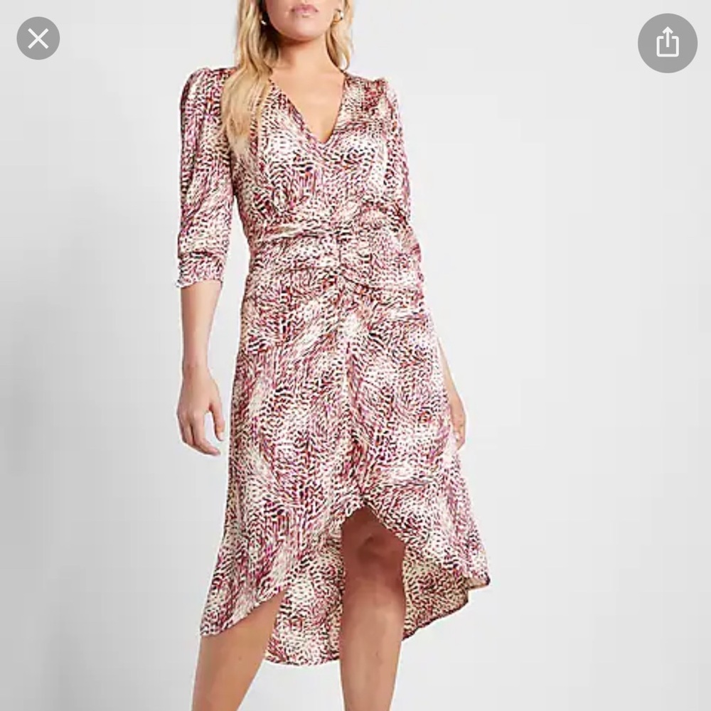 Express Abstract Puff Sleeve Ruched Hi-Lo Midi Dress. Worn once.